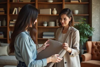 Femme en discussion sur tissus et couleurs dans un salon chaleureux