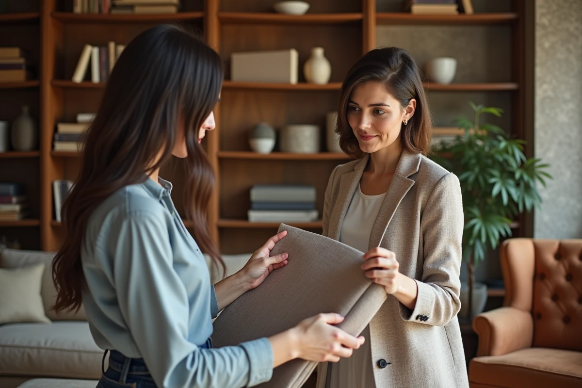 Femme en discussion sur tissus et couleurs dans un salon chaleureux