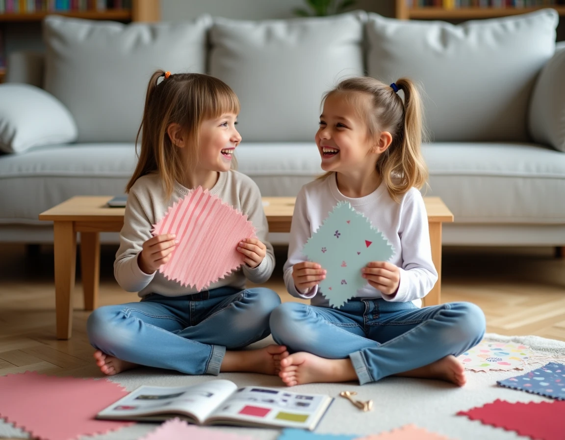 Deux fillettes comparant des échantillons de tissu coton enduit certifié Oeko-Tex dans un salon familial