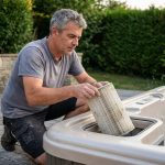 Homme entretenant un filtre cartouche de spa dans un jardin résidentiel, vérification et remplacement du filtre