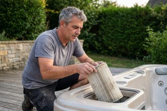 Homme entretenant un filtre cartouche de spa dans un jardin résidentiel, vérification et remplacement du filtre