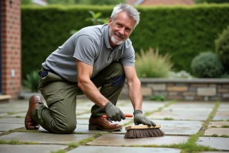 Homme effectuant l'entretien manuel d'une terrasse en pierre avec une brosse, nettoyage des joints de dallage extérieur
