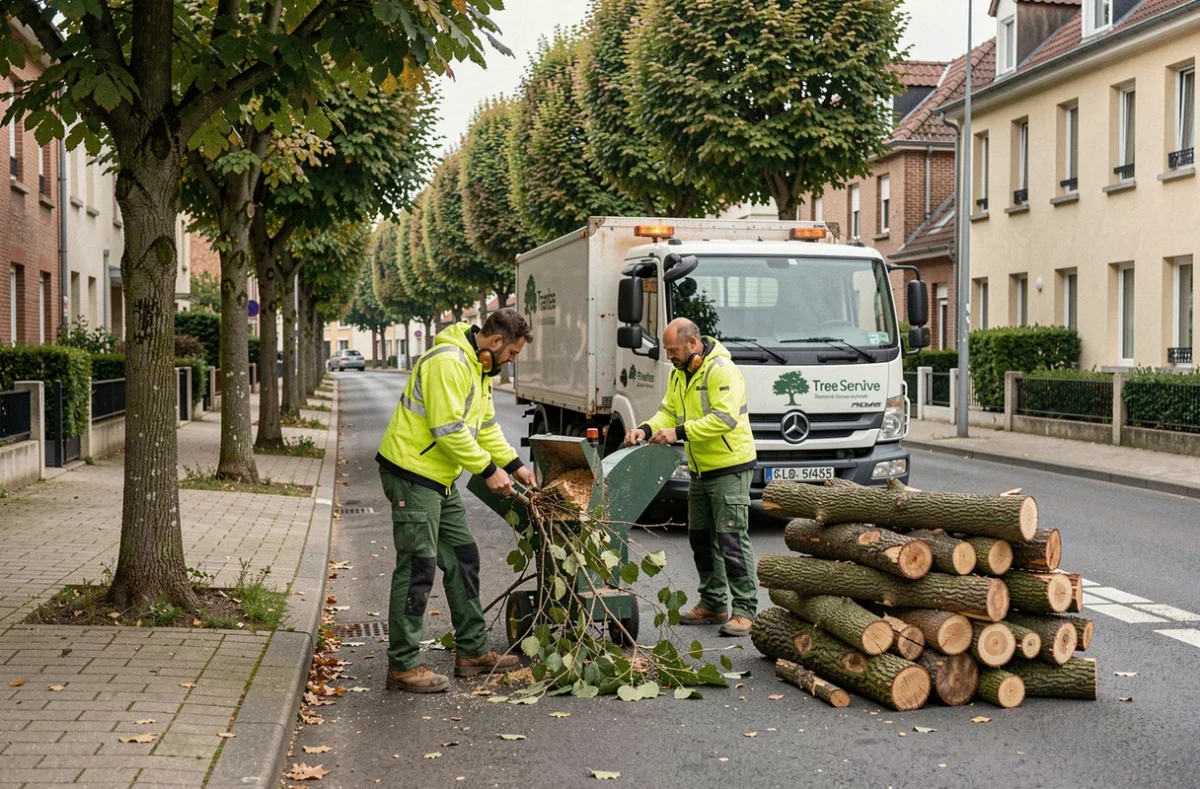 Deux élagueurs au sol utilisant un broyeur de branches dans une rue résidentielle de Nantes après une taille d'arbres