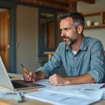 Homme estimant le budget de rénovation de sa cuisine sur un site web avec des plans étalés sur la table