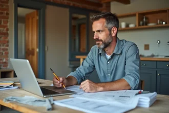 Homme estimant le budget de rénovation de sa cuisine sur un site web avec des plans étalés sur la table
