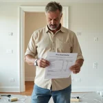 Homme examinant une estimation de prix de peinture dans un salon en cours de rénovation