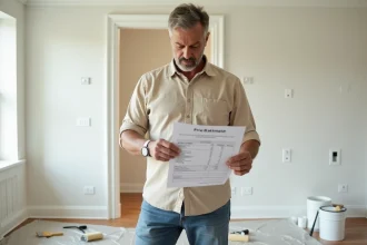 Homme examinant une estimation de prix de peinture dans un salon en cours de rénovation