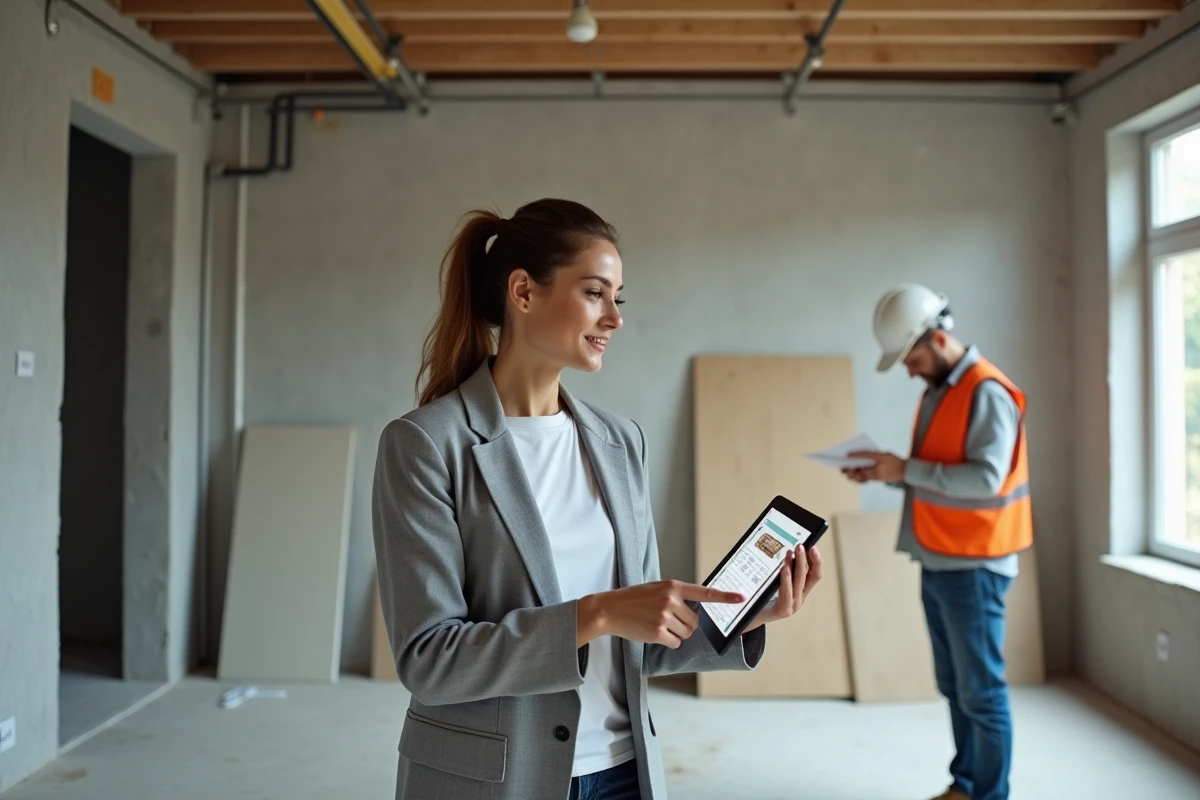 Femme et artisan consultant une estimation de travaux sur tablette dans un salon en cours de rénovation