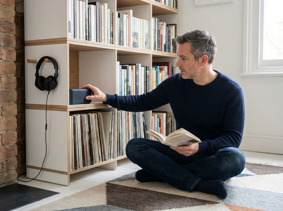Homme assis devant une bibliothèque modulaire intégrant livres, vinyles et enceinte Bluetooth dans un appartement moderne