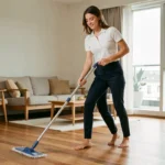 Jeune étudiante souriante faisant le ménage dans un appartement moderne, tenant un balai serpillière sur parquet en bois
