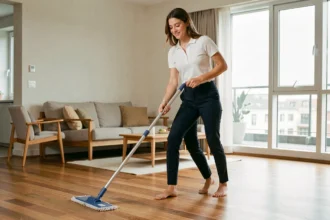 Jeune étudiante souriante faisant le ménage dans un appartement moderne, tenant un balai serpillière sur parquet en bois