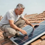 Homme examinant des panneaux solaires sur un toit en tuiles avant d'acheter un kit solaire en autoconsommation