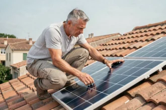 Homme examinant des panneaux solaires sur un toit en tuiles avant d'acheter un kit solaire en autoconsommation