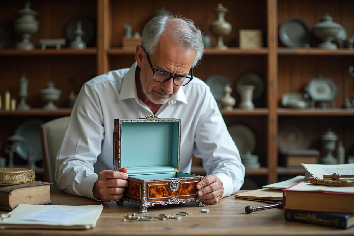 Expert en antiquités âgé examinant une boîte à bijoux française en écaille de tortue avec loupe de bijoutier dans un atelier d'expertise