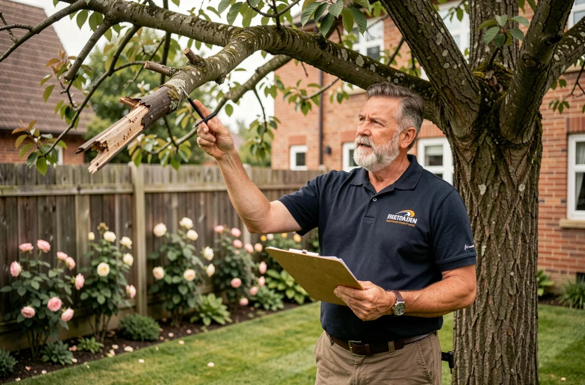 Expert arboriste en visite de diagnostic pointant une branche morte lors d'une estimation avant devis d'élagage dans un jardin résidentiel