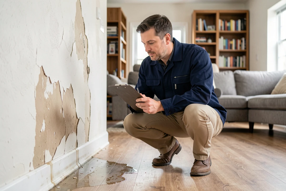 Expert en sinistre évaluant des dégâts des eaux dans un appartement assuré