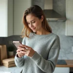 Femme consultant l'application Carrefour sur son smartphone pour grouper ses commandes de livraison depuis sa cuisine