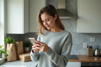 Femme consultant l'application Carrefour sur son smartphone pour grouper ses commandes de livraison depuis sa cuisine
