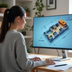 Femme architecte utilisant un logiciel de plan de maison 3D gratuit sur un grand écran d'ordinateur dans un bureau à domicile moderne