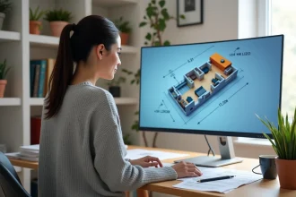 Femme architecte utilisant un logiciel de plan de maison 3D gratuit sur un grand écran d'ordinateur dans un bureau à domicile moderne