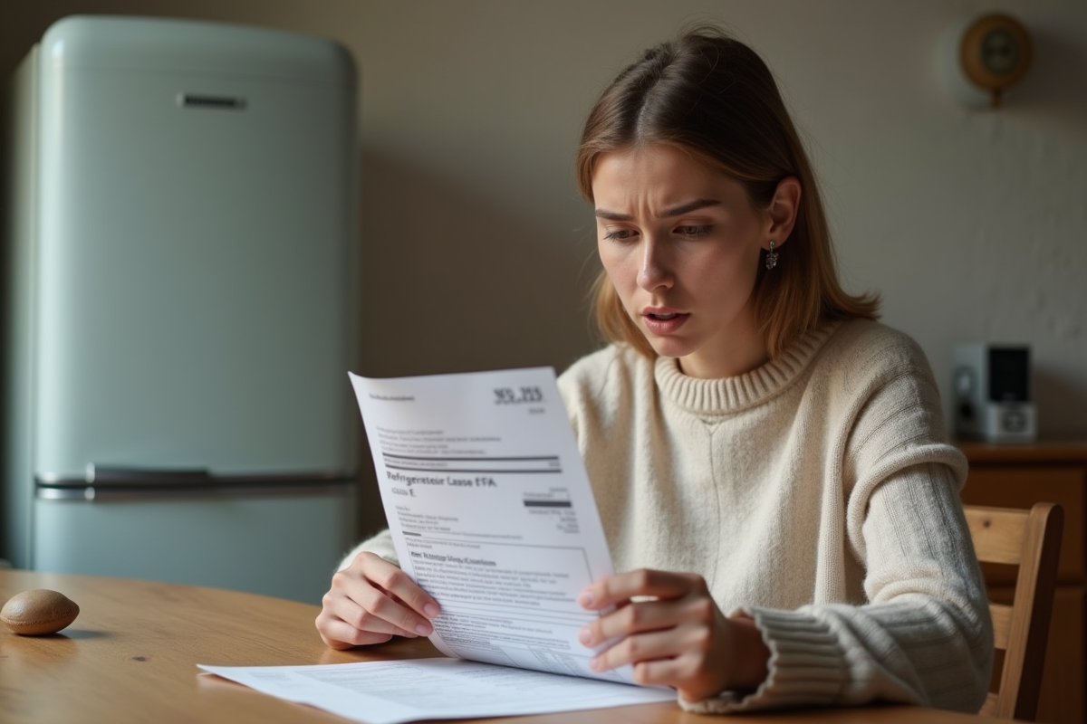 Jeune femme examinant une facture d energie avec frigo en arrière-plan