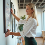 Femme d'âge moyen organisant des tableaux dans un bureau moderne