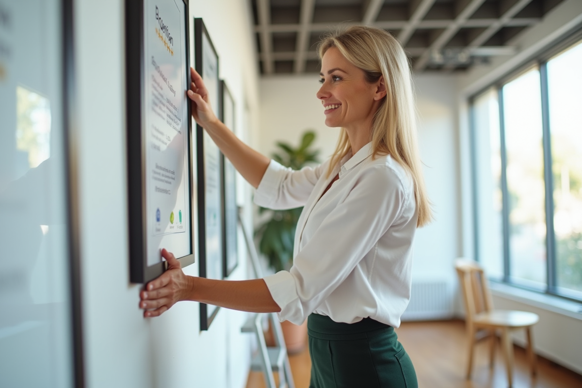 Femme d'âge moyen organisant des tableaux dans un bureau moderne