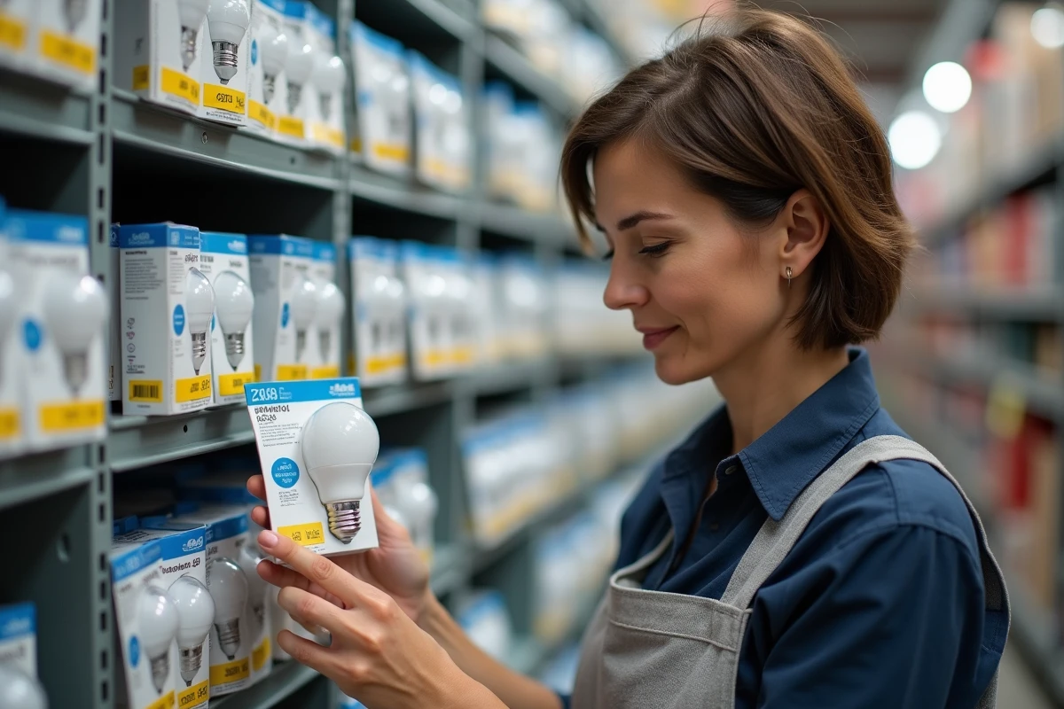 Femme dans un magasin de bricolage comparant le culot d'une ampoule LED avec les indications sur l'emballage