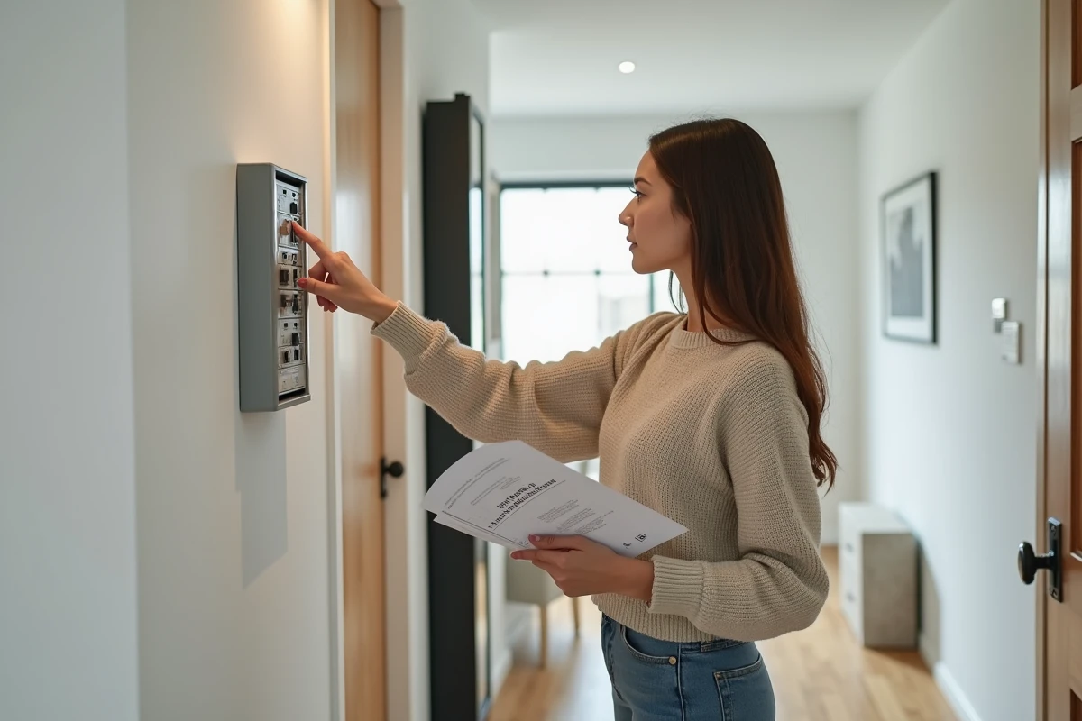 Jeune femme regarde un tableau électrique dans un appartement moderne