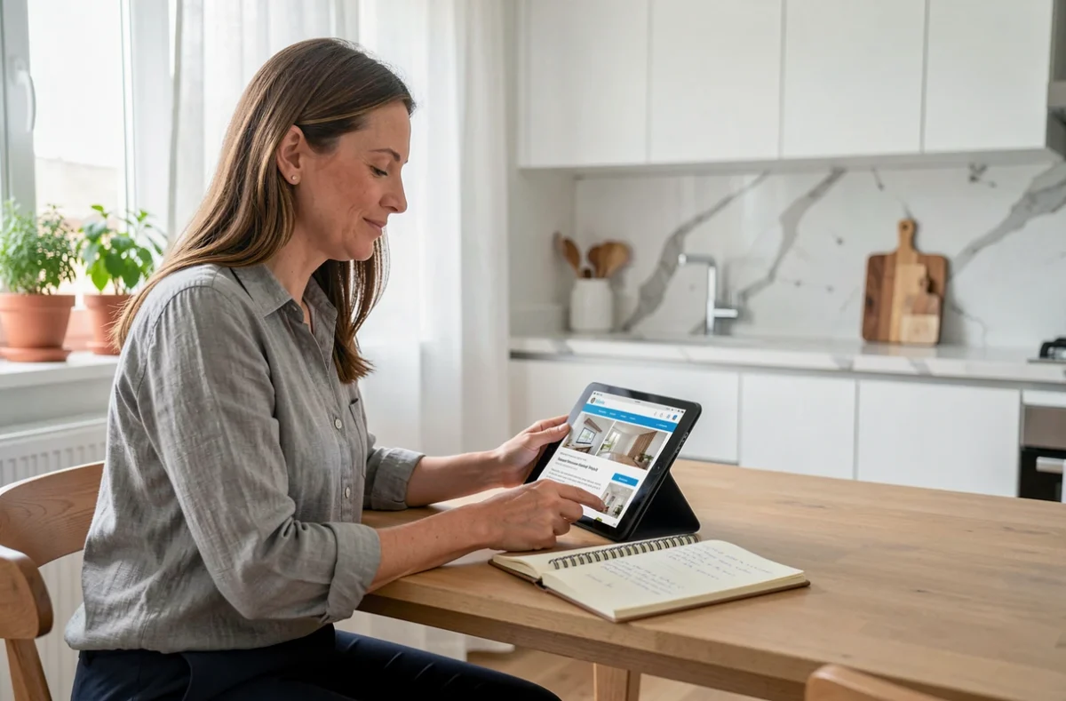 Femme consultant un site web de FAQ sur les travaux depuis sa cuisine moderne, préparant sereinement sa rénovation à domicile