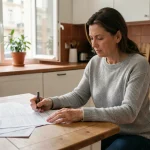 Femme consultant son contrat d'assurance habitation GMF à la table de sa cuisine