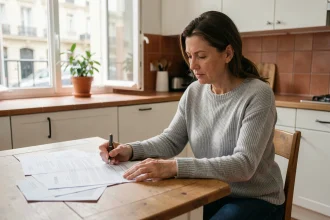 Femme consultant son contrat d'assurance habitation GMF à la table de sa cuisine