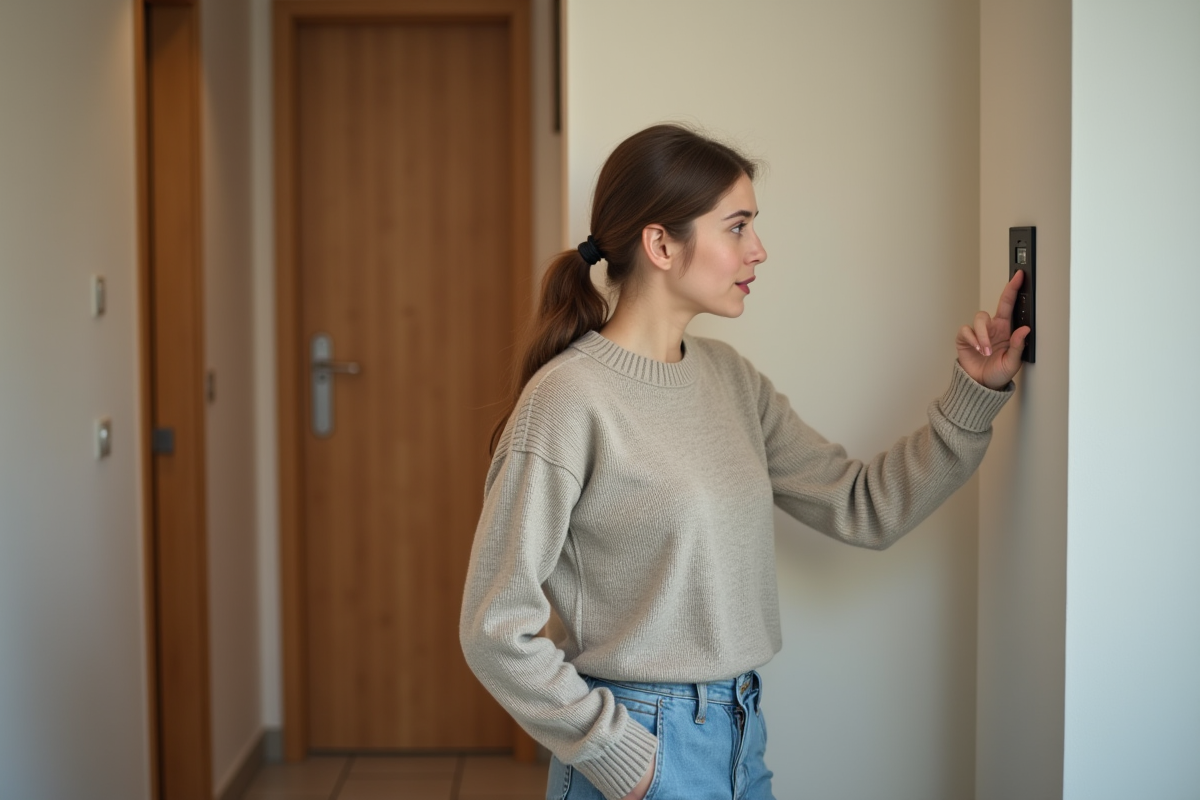 Jeune femme examinant un panneau de contrôle VMC dans un couloir