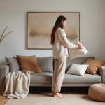Jeune femme arrangeant des coussins dans un salon moderne