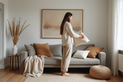 Jeune femme arrangeant des coussins dans un salon moderne
