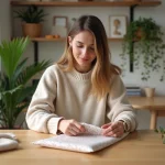 Femme pliant un sac cadeau en papier dans la cuisine chaleureuse