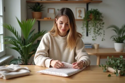 Femme pliant un sac cadeau en papier dans la cuisine chaleureuse