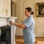 Femme de ménage professionnelle nettoyant une cheminée en marbre dans un appartement classique à Versailles