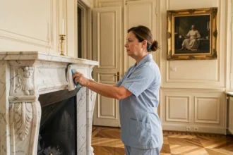 Femme de ménage professionnelle nettoyant une cheminée en marbre dans un appartement classique à Versailles