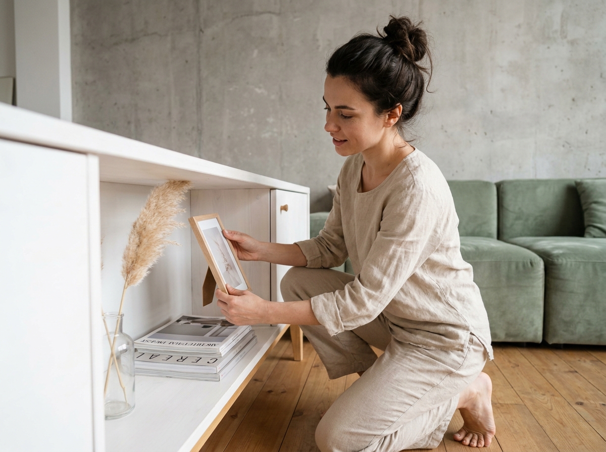 Femme arrangeant des objets décoratifs sur un meuble TV scandinave blanc dans un salon avec canapé vert sauge