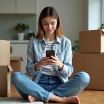 Jeune femme avec smartphone dans un appartement en déménagement