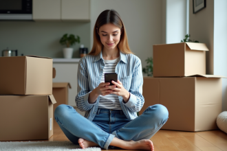 Jeune femme avec smartphone dans un appartement en déménagement