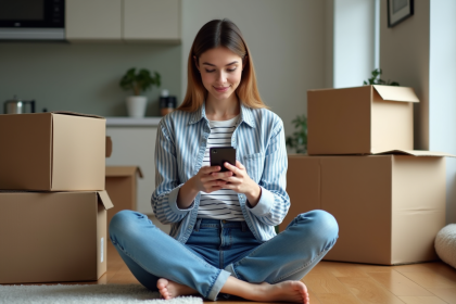 Jeune femme avec smartphone dans un appartement en déménagement