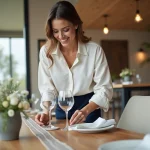 Femme élégante posant des verres à vin sur une table moderne