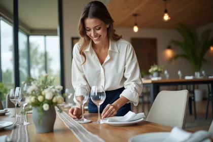 Femme élégante posant des verres à vin sur une table moderne