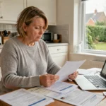 Femme consultant des documents de financement pour une pompe à chaleur à sa table de cuisine