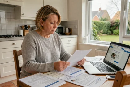 Femme consultant des documents de financement pour une pompe à chaleur à sa table de cuisine
