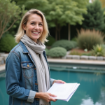 Femme souriante avec documents près d'une piscine naturelle