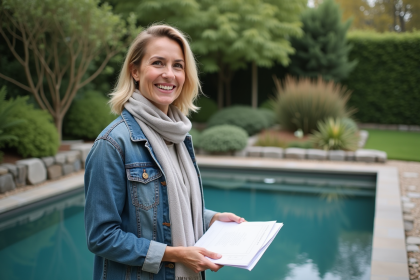 Femme souriante avec documents près d'une piscine naturelle