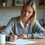 Femme remplissant une attestation de domicile dans la cuisine